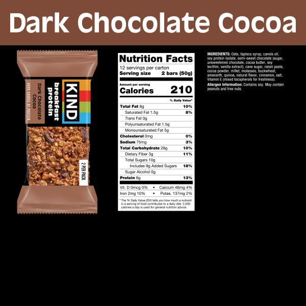 KIND Breakfast Protein, Dark Chocolate Cocoa, 8g Protein, Healthy Snacks, Gluten Free, 12ct Value Pack
