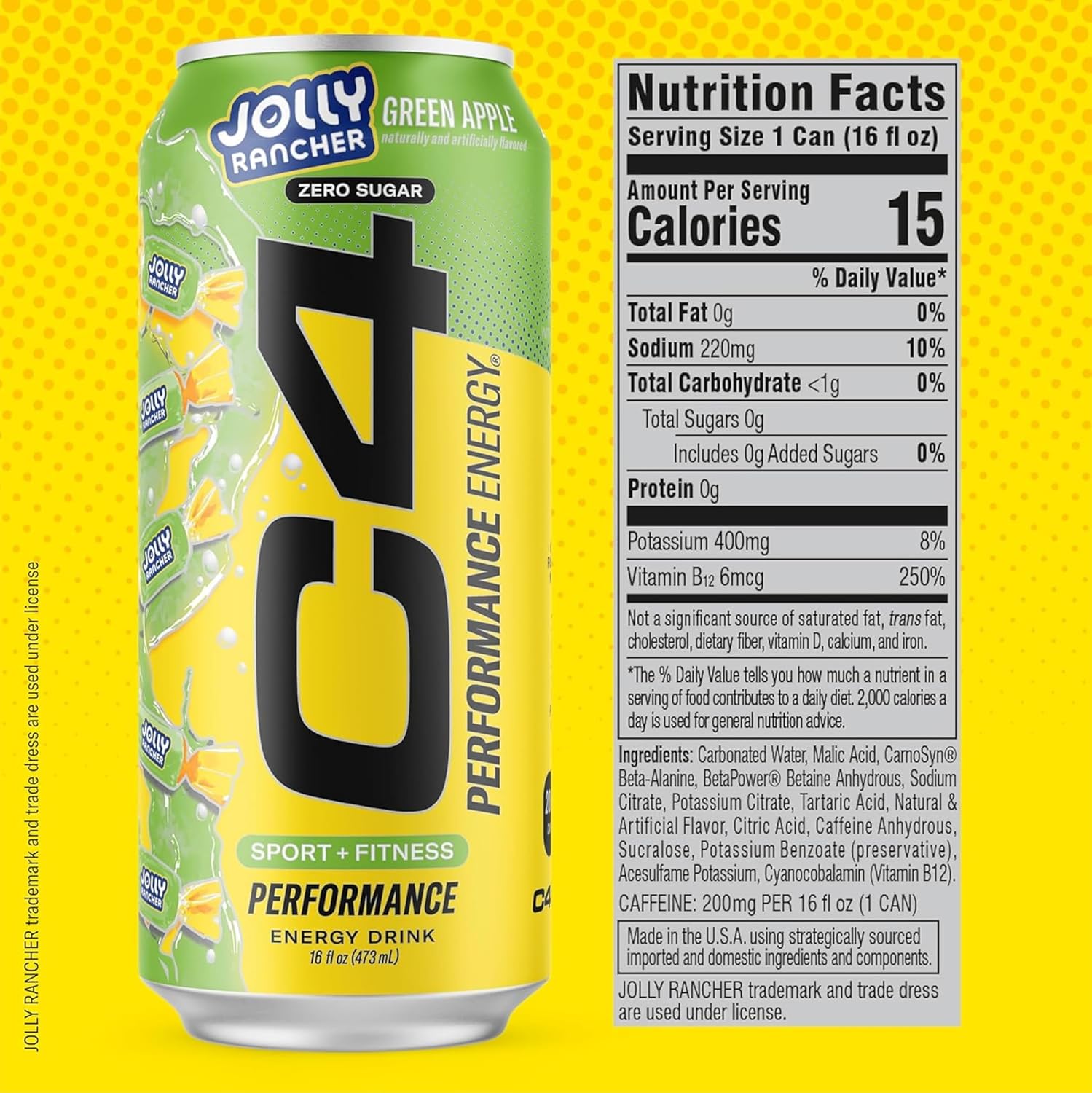 Cellucor C4 Performance Energy Drink | JOLLY RANCHER Green Apple | Zero Sugar | 16 Fl Oz (12 Pack)