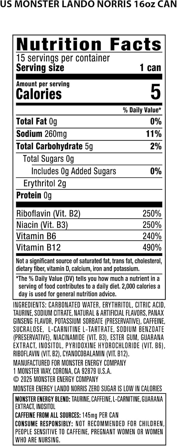 Monster Energy Lando Norris, Sugar Free Energy Drink, 16 Ounce (Pack of 15)