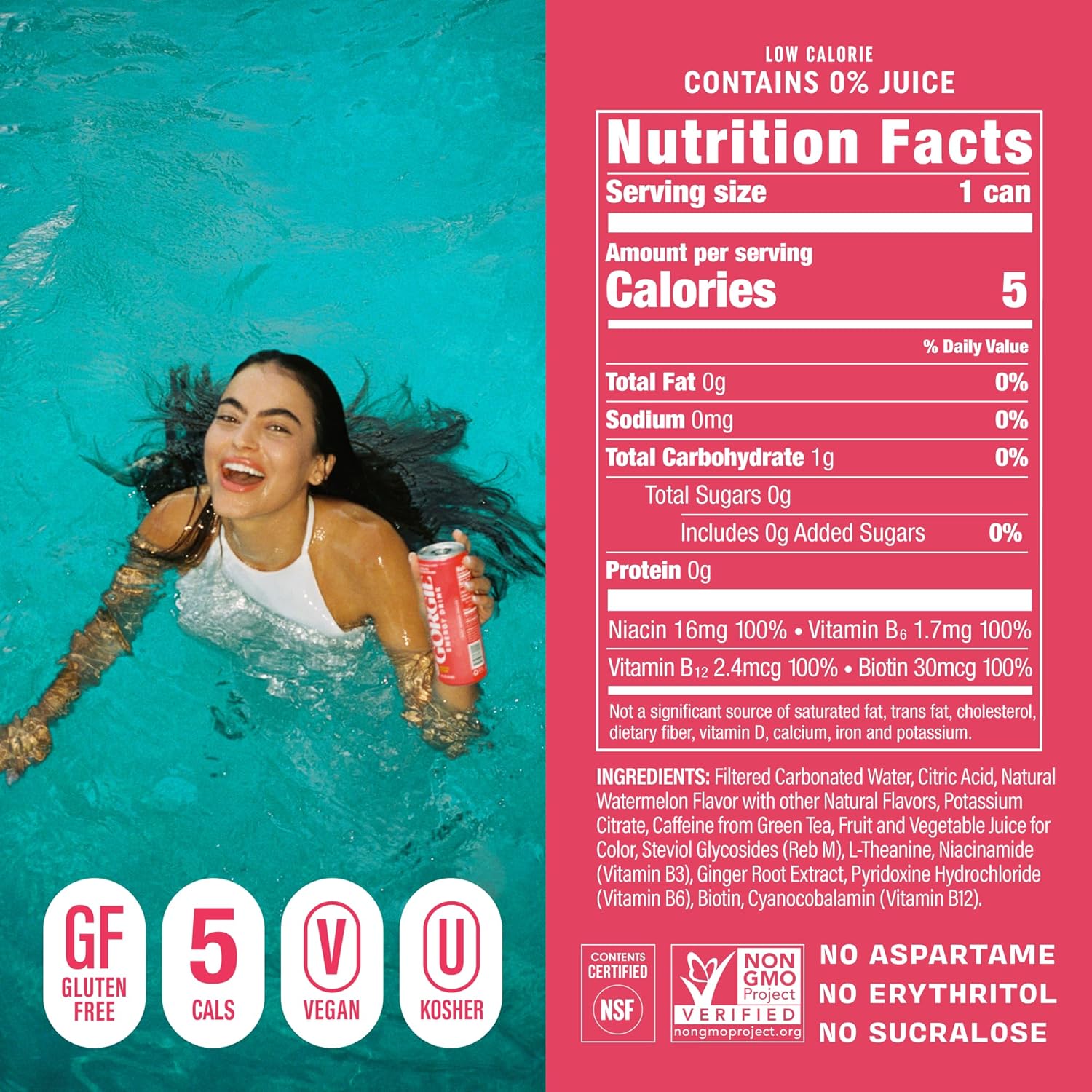 GORGIE Sugar Free Natural Energy Drinks, Sparkling Watermelon Crush (12 Pack)