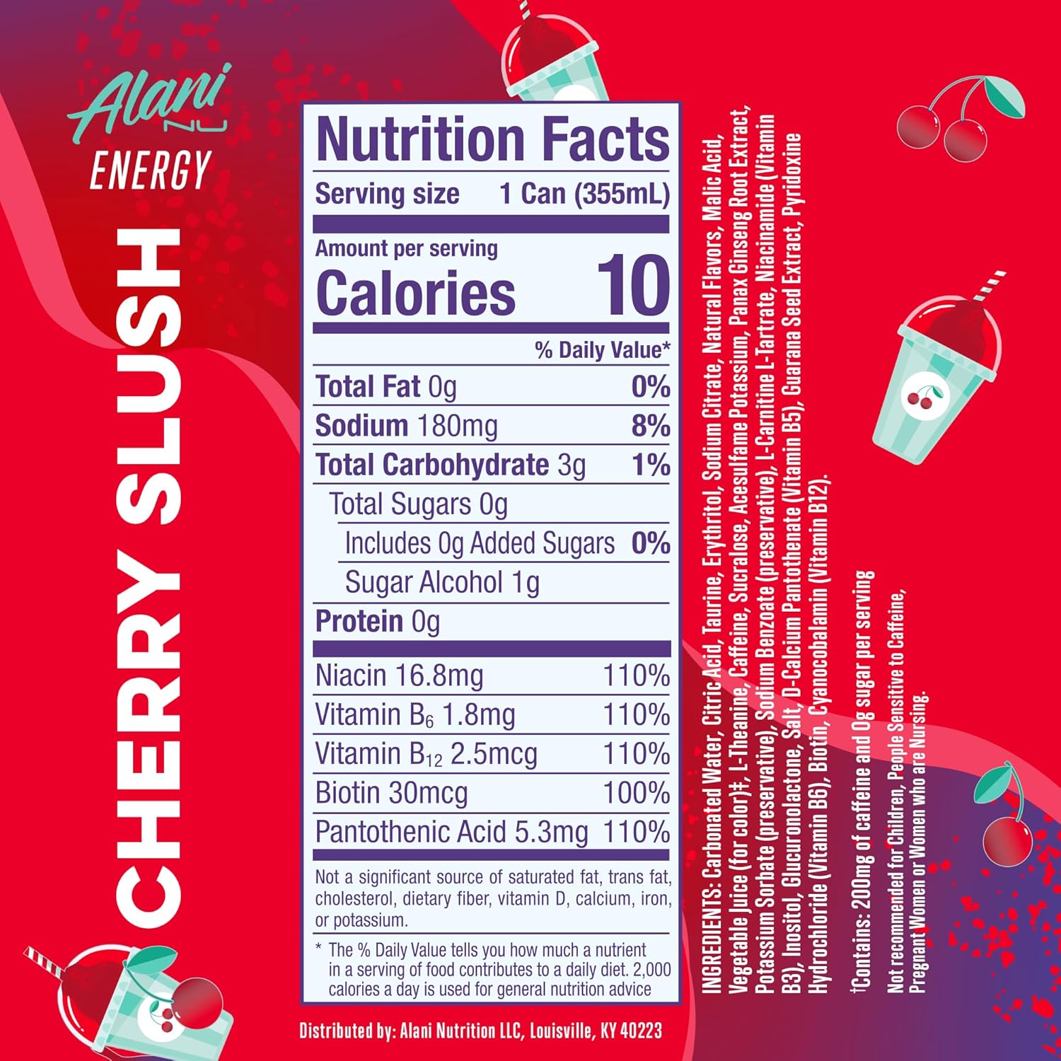 Alani Nu CHERRY SLUSH, Sugar Free, Low Calorie Energy Drinks, 12 Fl Oz Cans, 24 Pack