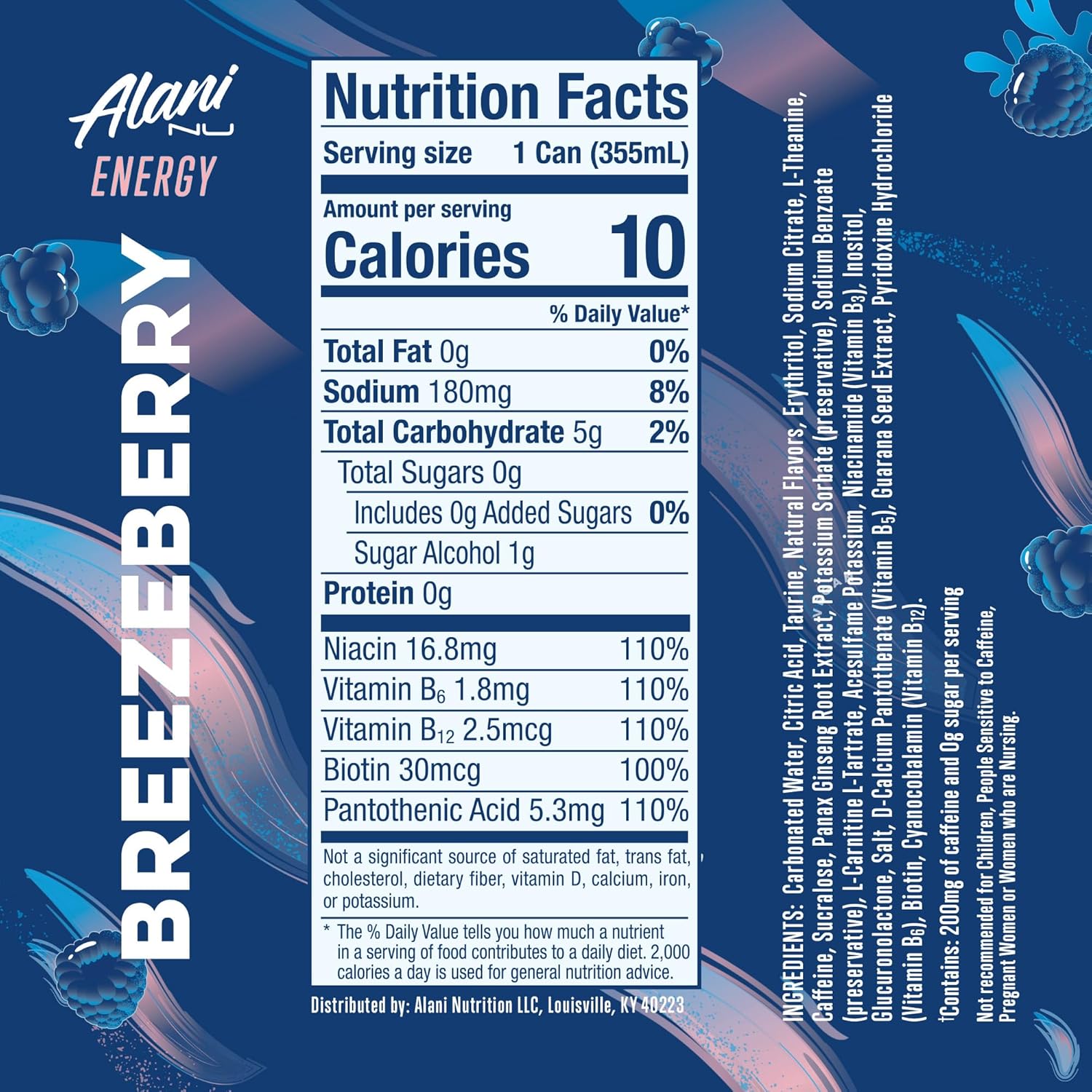 Alani Nu BREEZEBERRY, Sugar Free, Low Calorie Energy Drinks, 12 Fl Oz Cans, 24 Pack