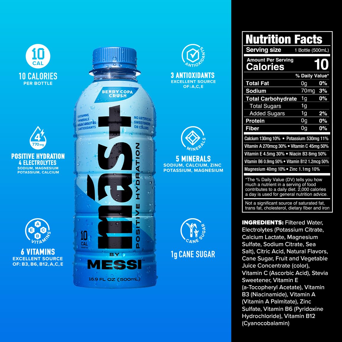Más+ by Messi 16.9oz Berry Copa Crush, Sports Drink & Hydration Beverage, and Electrolytes, 12-pack