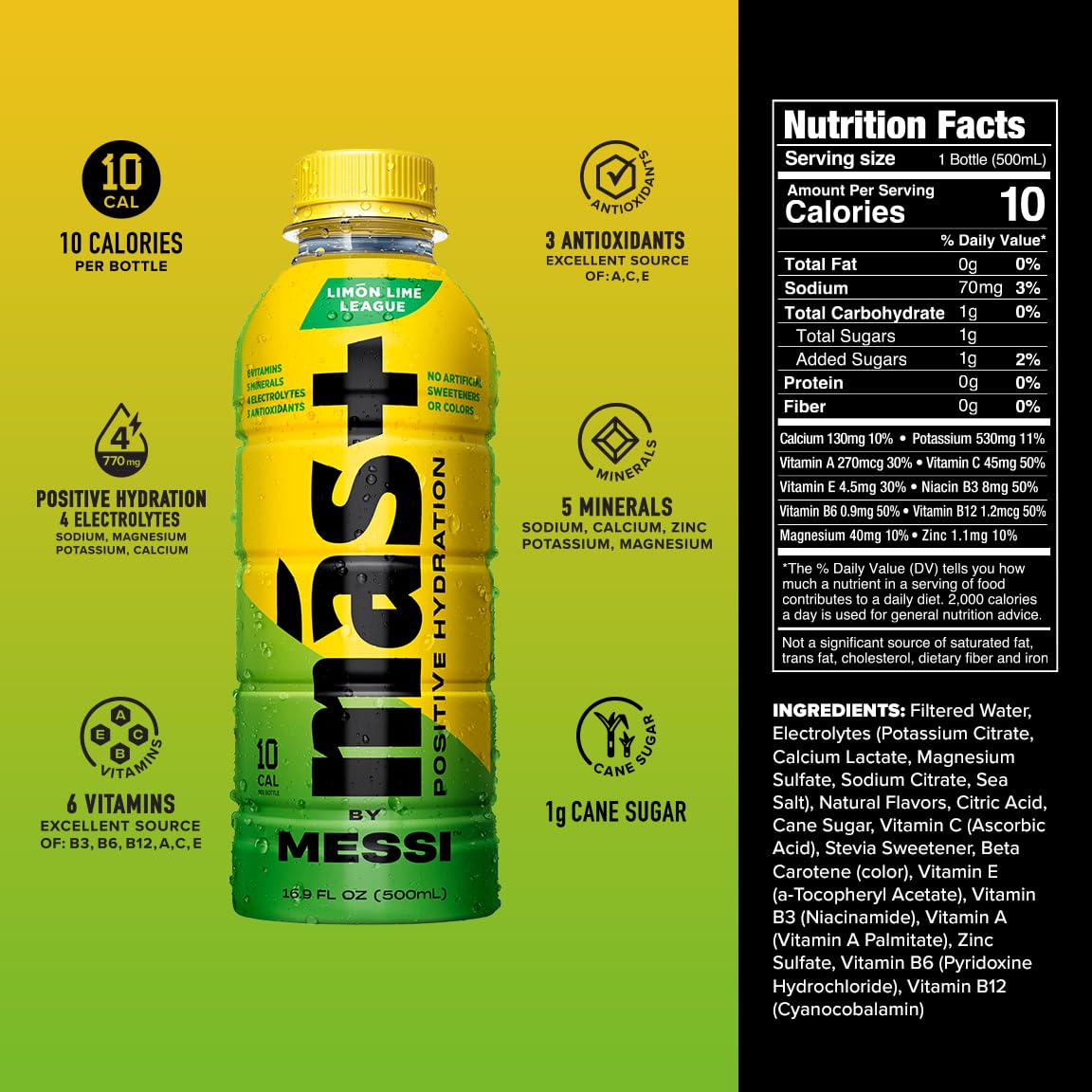 Más+ by Messi 16.9oz Limón Lime League, Sports Drink & Hydration Beverage, 12-pack