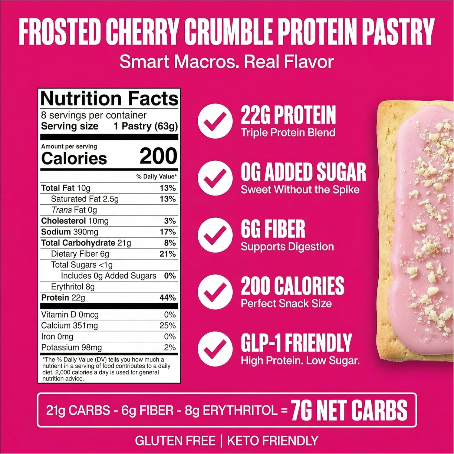 Legendary Foods 22g Protein Pastry 0g Added Sugar, Low Carb, Gluten Conscious, Keto Snack, 8 Pack Cherry Crumble
