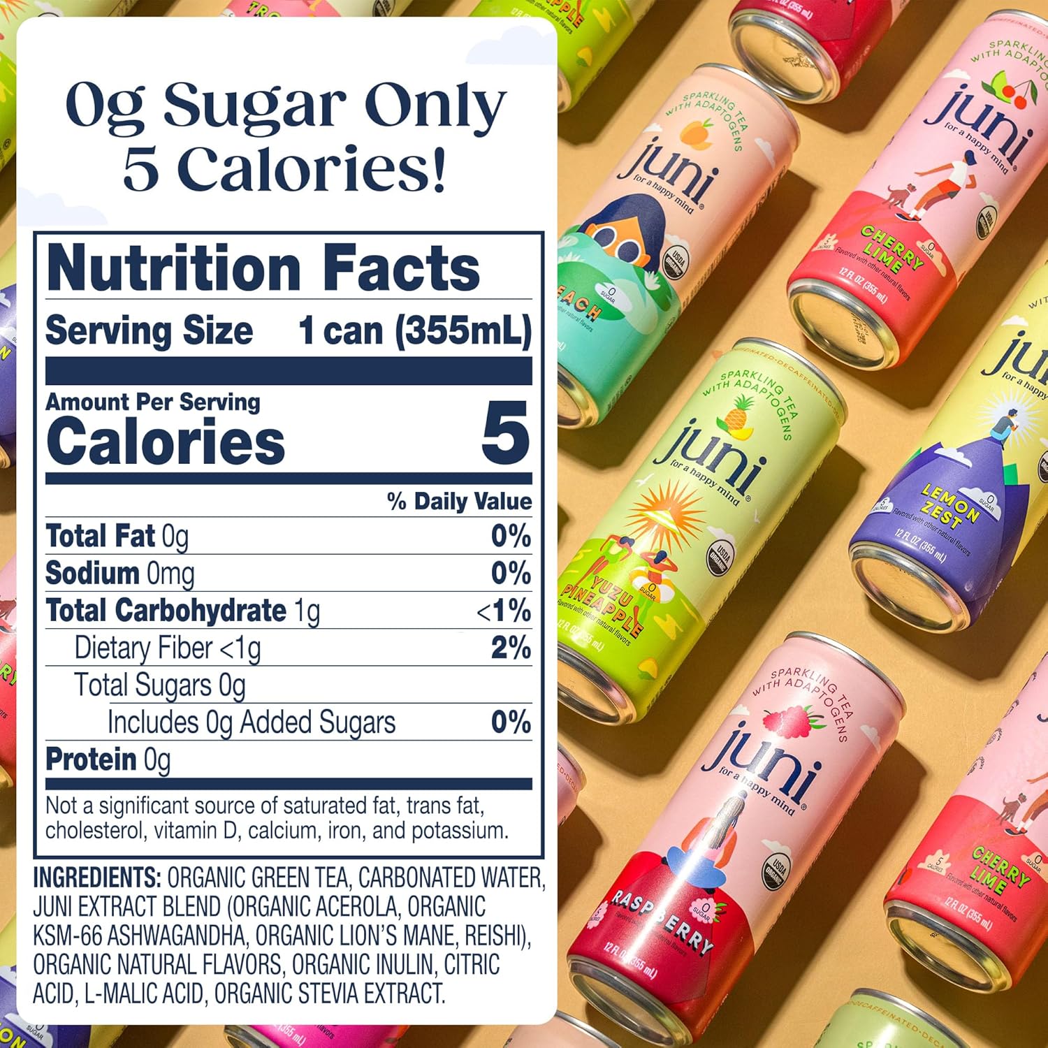 Juni Sparkling Adaptogen Drink with Ashwagandha, Lion’s Mane & Reishi Mushrooms - Yuzu Pineapple 12 pack