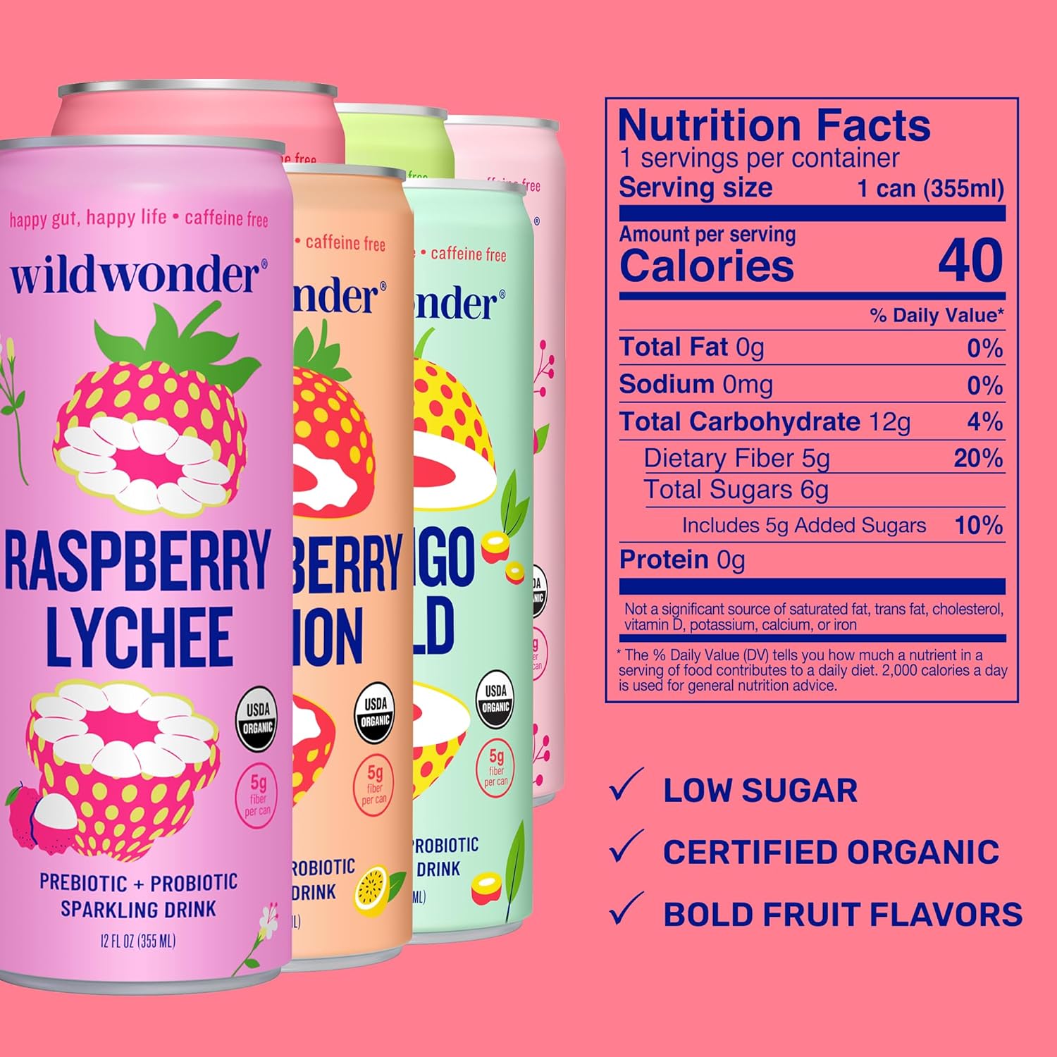 wildwonder Sparkling Probiotic Drink 6pk, For Gut Health & Immune Support, Classic Variety Pack, 6 Pack, 12oz Can, Seen on Shark Tank