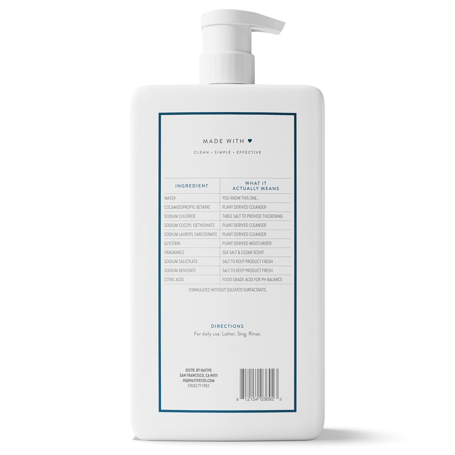 Native Sulfate Free Body Wash Contains Naturally Derived Ingredients | for Women & Men| Sea Salt & Cedar, 36 oz