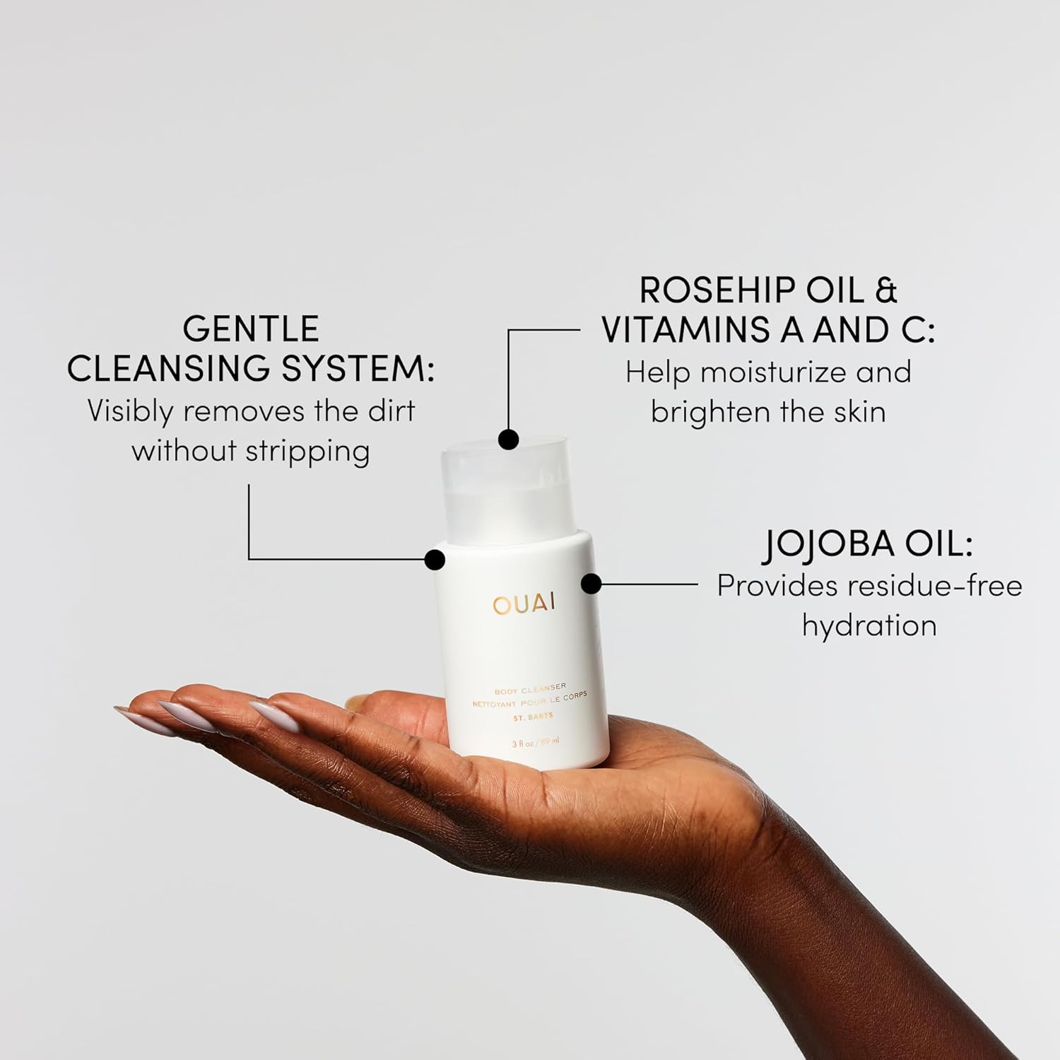 OUAI Body Cleanser, St. Barts Travel Size - Foaming Body Wash with Jojoba Oil & Rosehip Oil to Hydrate, (3 fl oz)