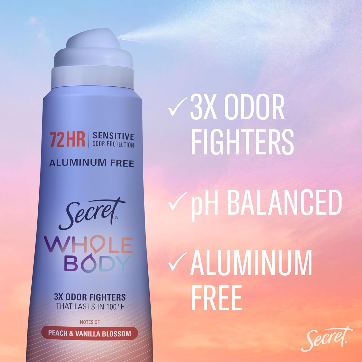 Secret Aluminum Free Whole Body Deodorant Spray for Women, 72hr Sensitive Freshness & Odor Defense, Peach & Vanilla Blossom Scent, 3.5 oz