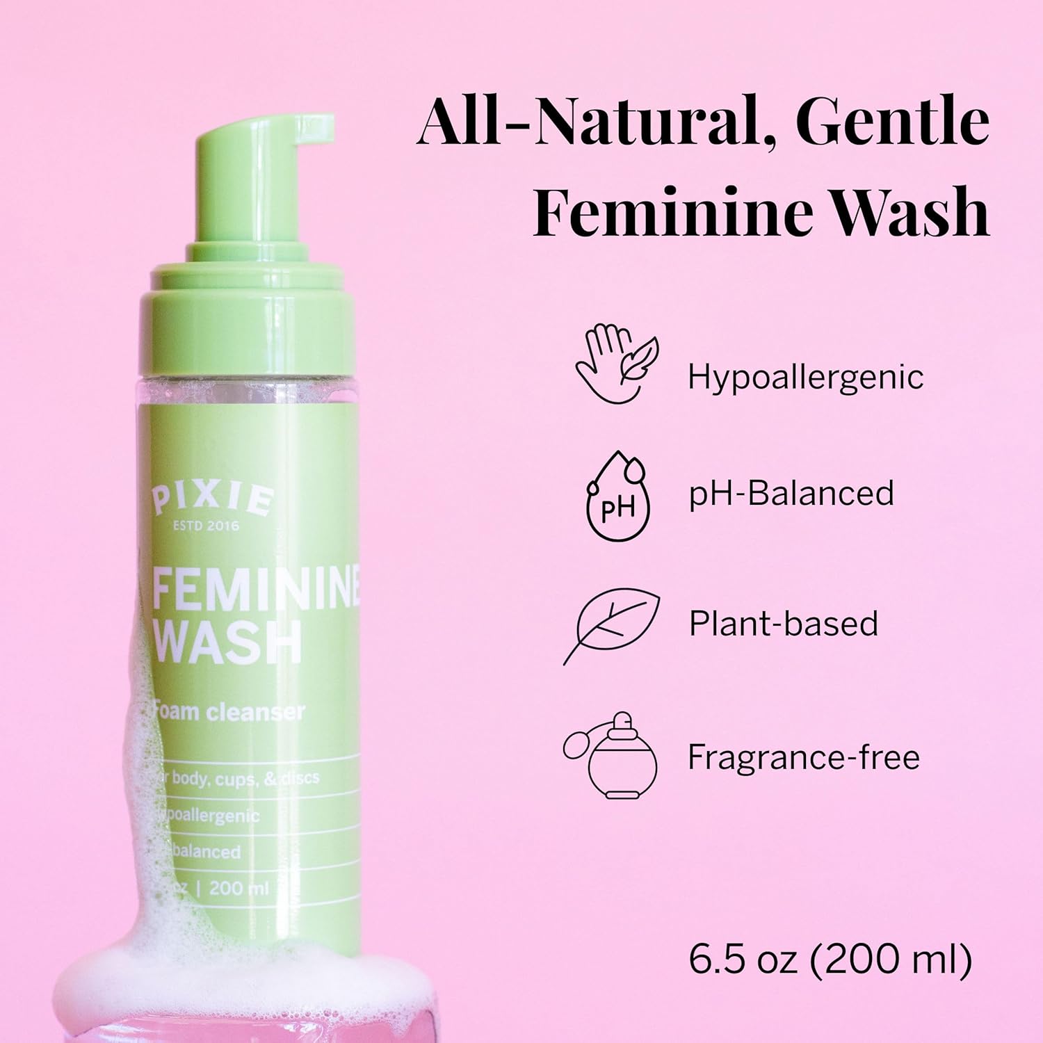 Pixie Feminine Wash - Healthy Foaming Cleaner for Feminine Care, Safest Way to Clean Sensitive Skin Types - pH Balanced & Plant Based