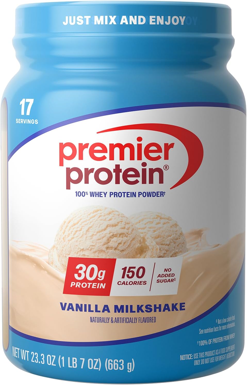Premier Protein Powder, Vanilla Milkshake, 30g Protein No Soy, Gluten Free, 23.3 oz, 17 Servings