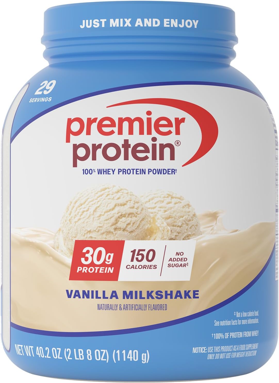 Premier Protein Powder, Vanilla Milkshake, 30g Protein, 1g Sugar, Gluten Free, No Soy, 40.2 oz, 29 Servings