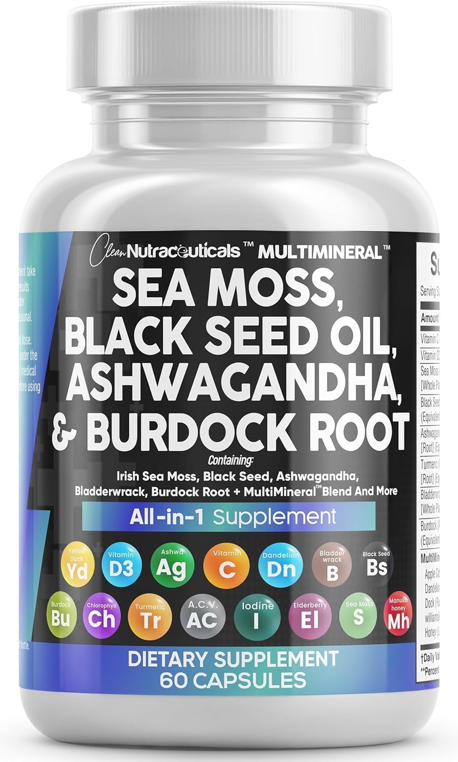 Clean Nutraceuticals Sea Moss Black Seed Oil Ashwagandha Turmeric Bladderwrack Burdock & Vitamin C Vitamin D3
