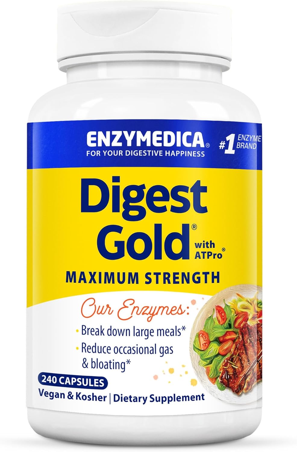 Enzymedica Digest Gold + ATPro, Maximum Strength Enzyme Formula-FFP, Unflavored, 240 Count (Pack of 1)
