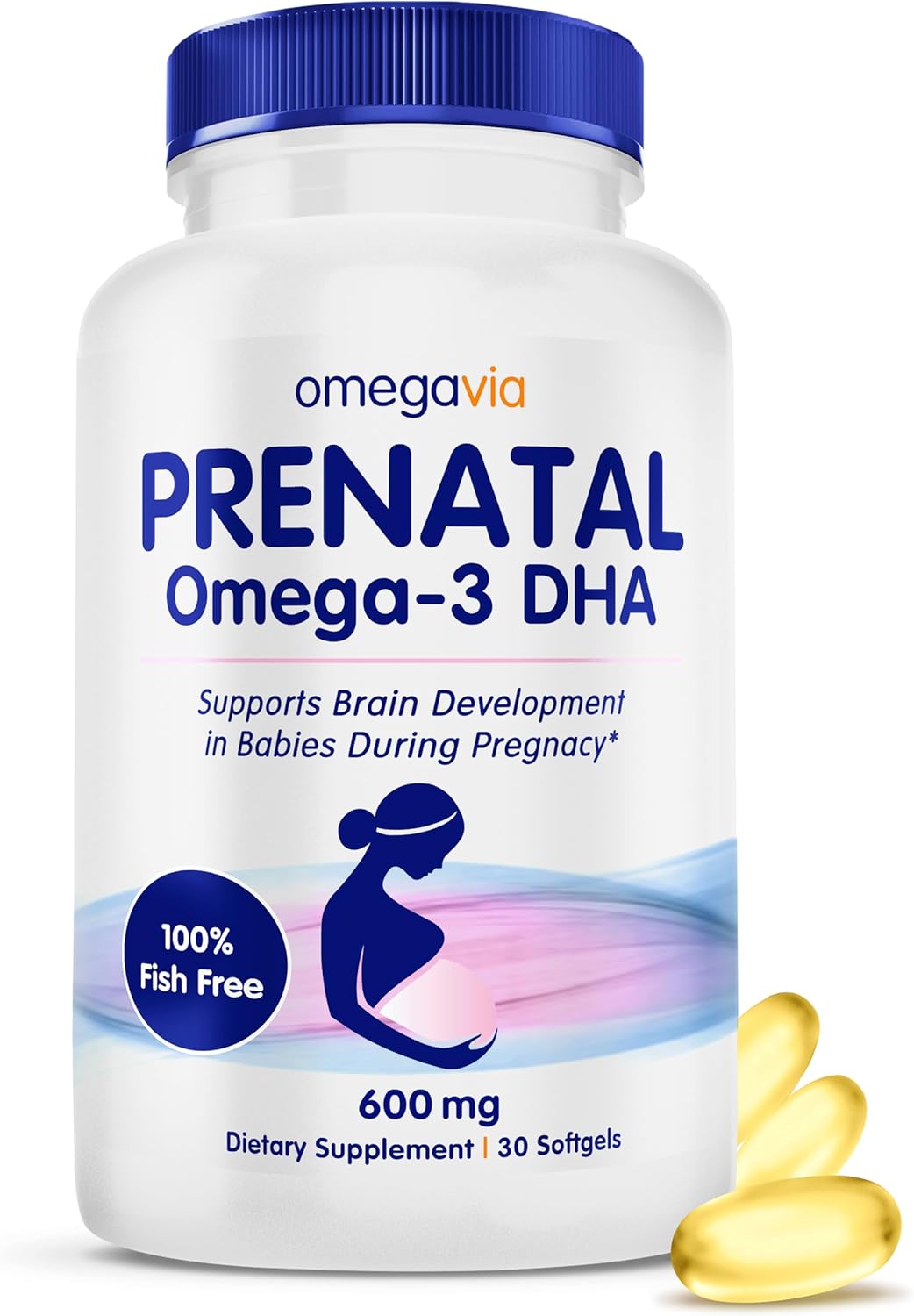 OmegaVia Prenatal DHA 600mg | Fish-Free Omega-3 Supplement | 30 Easy-to-Swallow Softgels