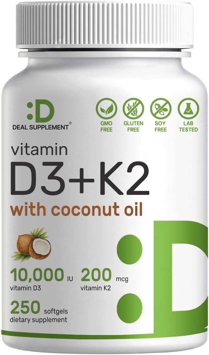 DEAL SUPPLEMENT Vitamin D3 10,000 IU + K2 MK7 200mcg Softgels, 250 Count | 2-in-1 Complex with Virgin Coconut Oil