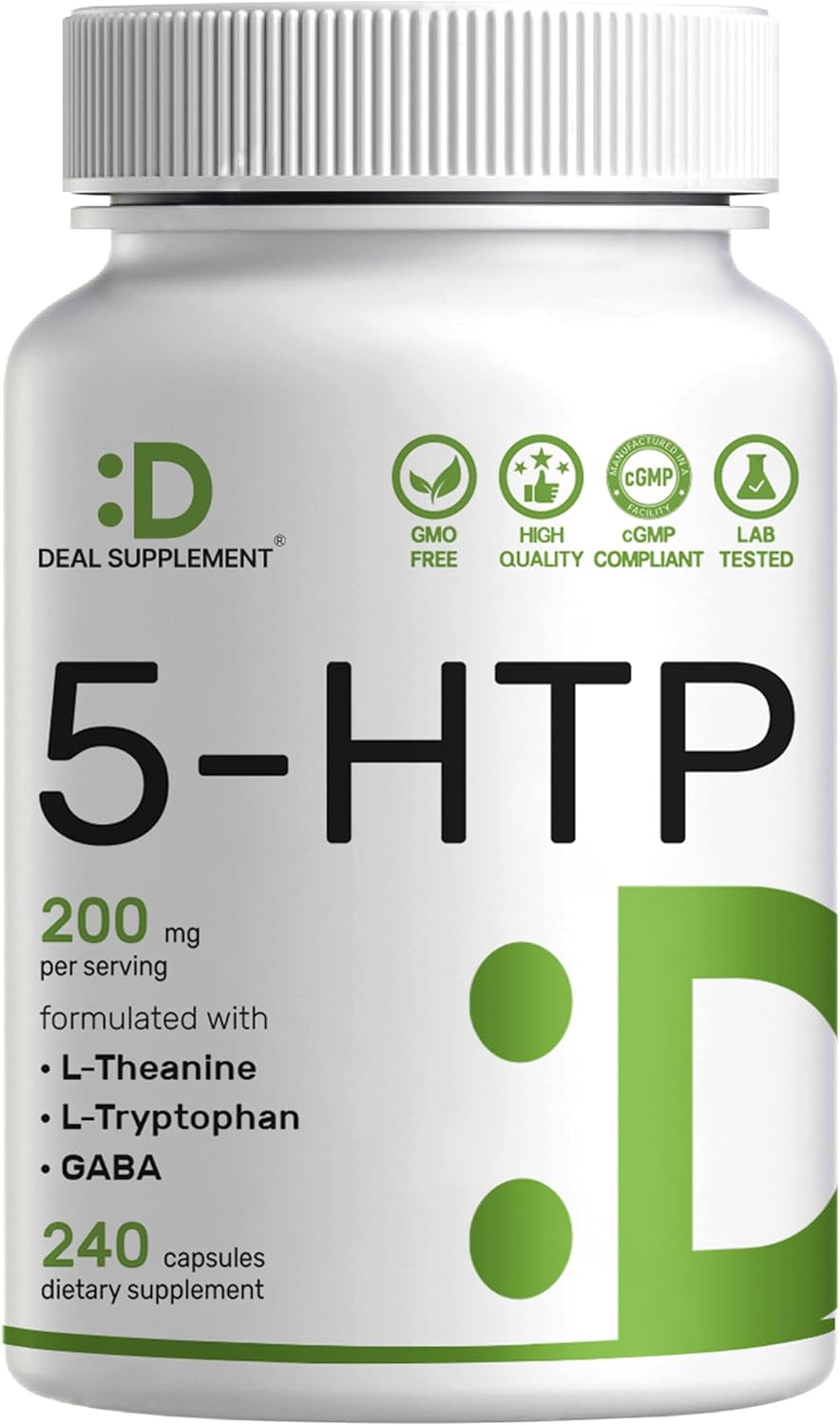 Deal Supplement 5-HTP 200mg Per Serving, 240 Capsules, 98% African Derived Griffonia Seed Extract | 4 in 1 Formula