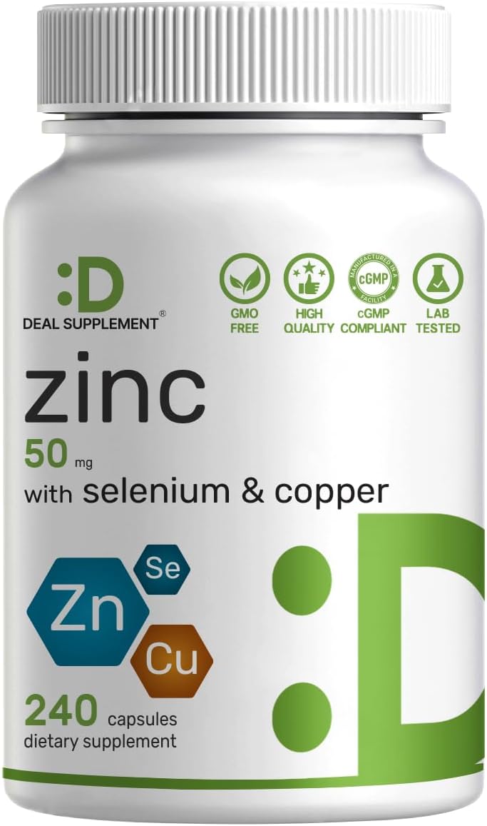 Deal Supplement Zinc 50mg with Selenium + Copper, 240 Capsules, 8 Month Supply, 3 in 1 Mineral Formula