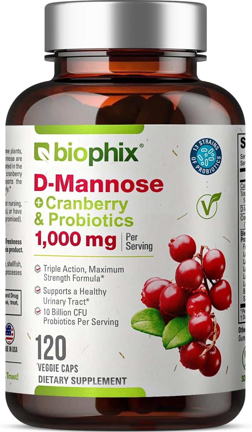 biophix D-Mannose 1000mg Capsules with Cranberry & Probiotics - D Mannose Supplements for Women, 120 Vcaps
