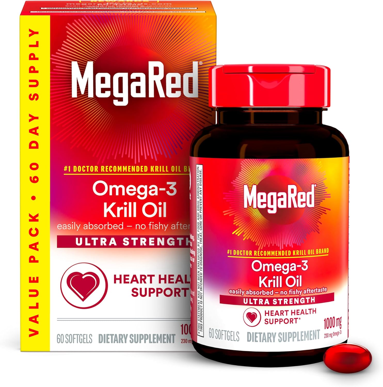 MegaRed Ultra Strength 1000mg Omega-3 Krill Oil Supplement with EPA/DHA, 60 Count Softgels