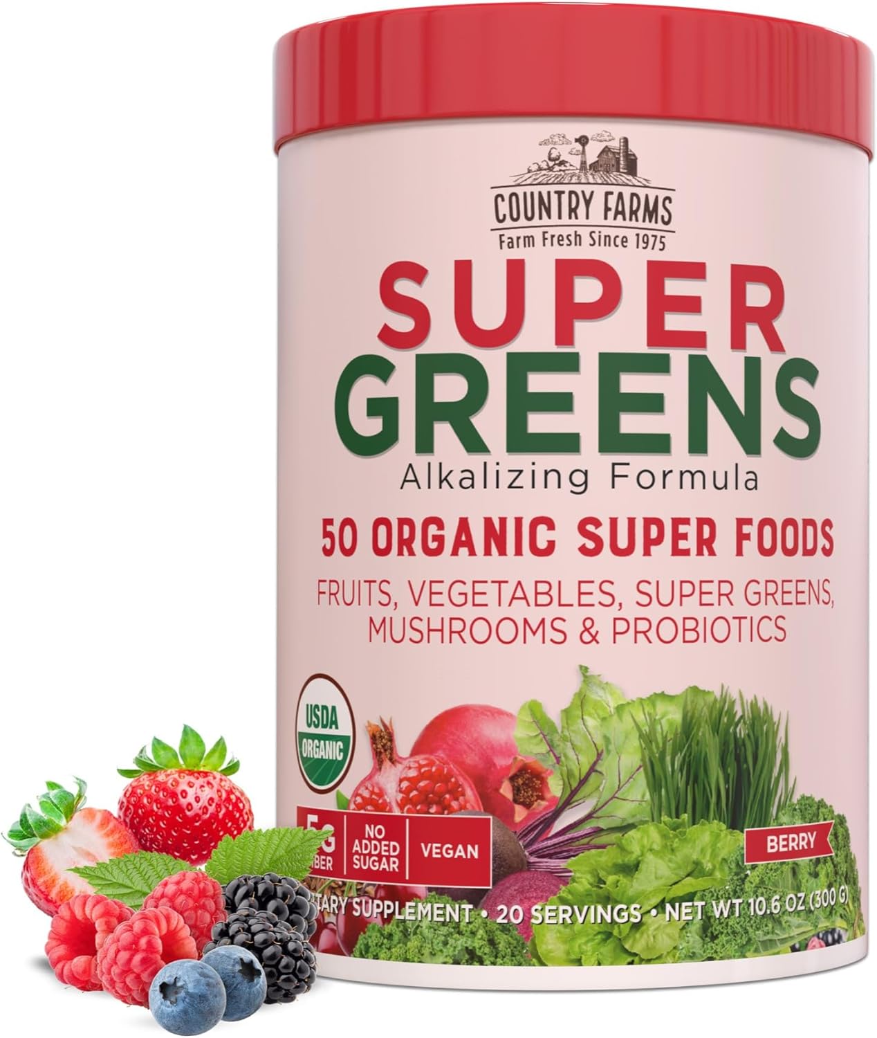 Country Farms Organic Super Greens Berry Flavor, 50 Organic Super Foods