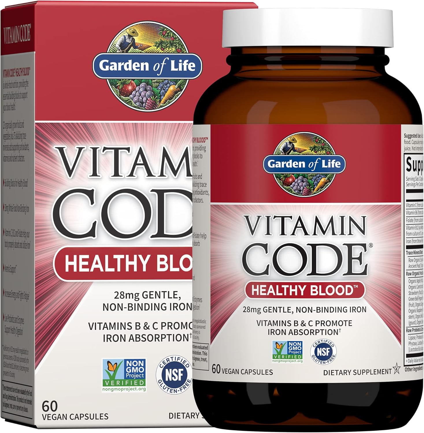 Garden of Life Vitamin Code Healthy Blood - Iron Supplement for Women, 60 Vegan Capsules