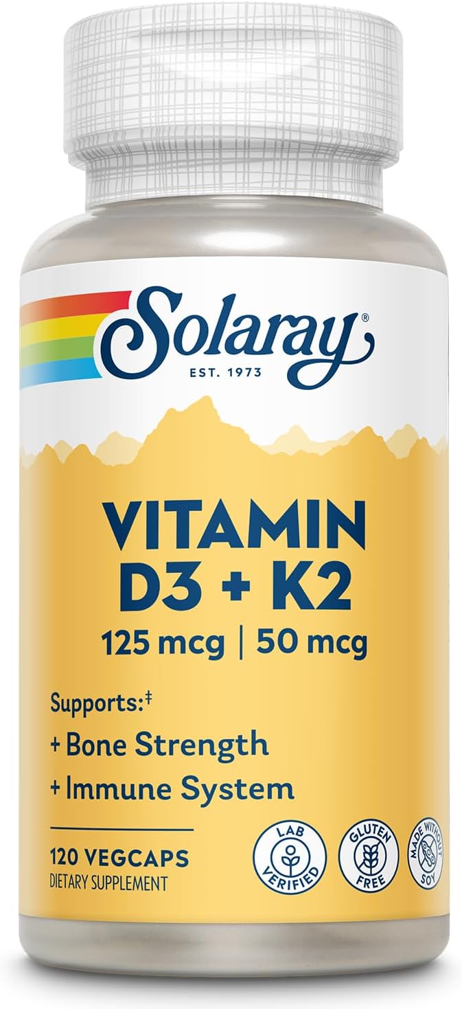 SOLARAY Vitamin D3 K2 - Bone Health and Immune Support Supplement - With 5000 IU Vitamin D 120 Serv, 120 VegCaps