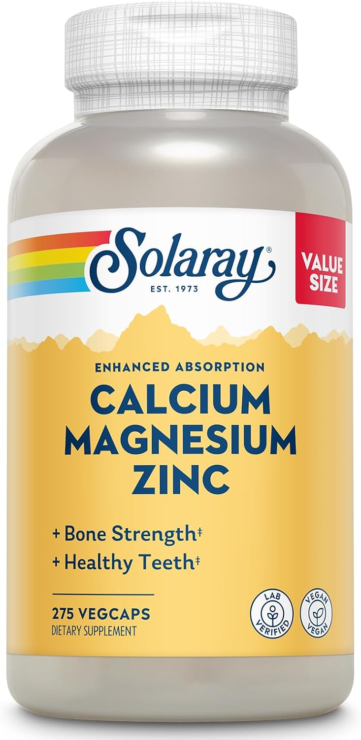 SOLARAY Calcium Magnesium Zinc Supplement - with Calcium 1000mg, Magnesium 500mg 68 Servings, 275 VegCaps