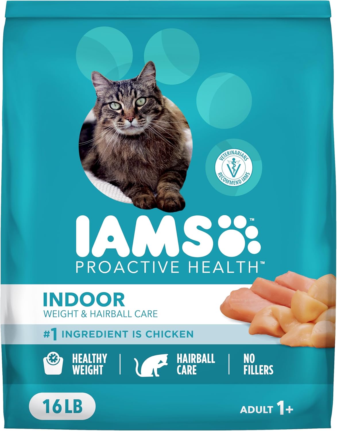 IAMS Proactive Health Indoor Weight Control & Hairball Care Adult Dry Cat Food, Chicken & Turkey Recipe, 16 lb. Bag