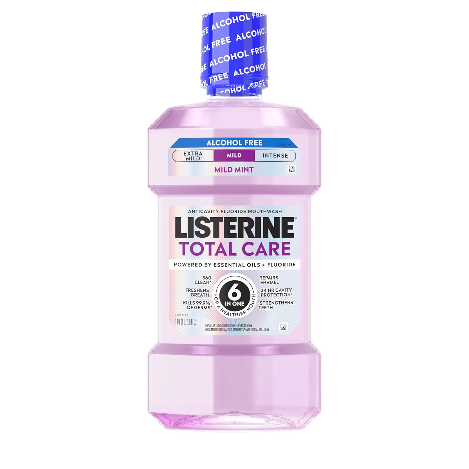 Listerine Total Care Alcohol-Free Mild Mouthwash, 6 Benefit Oral Rinse to Help Kill 99.9% of Germs That Cause Bad Breath, Strengthen Enamel, Mild Mint Flavor, 1 L