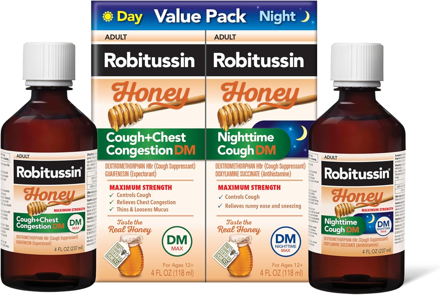 Robitussin Honey DM Max Cough Plus Chest Congestion and Robitussin Maximum Strength - 2 x 4 Fl Oz Bottles