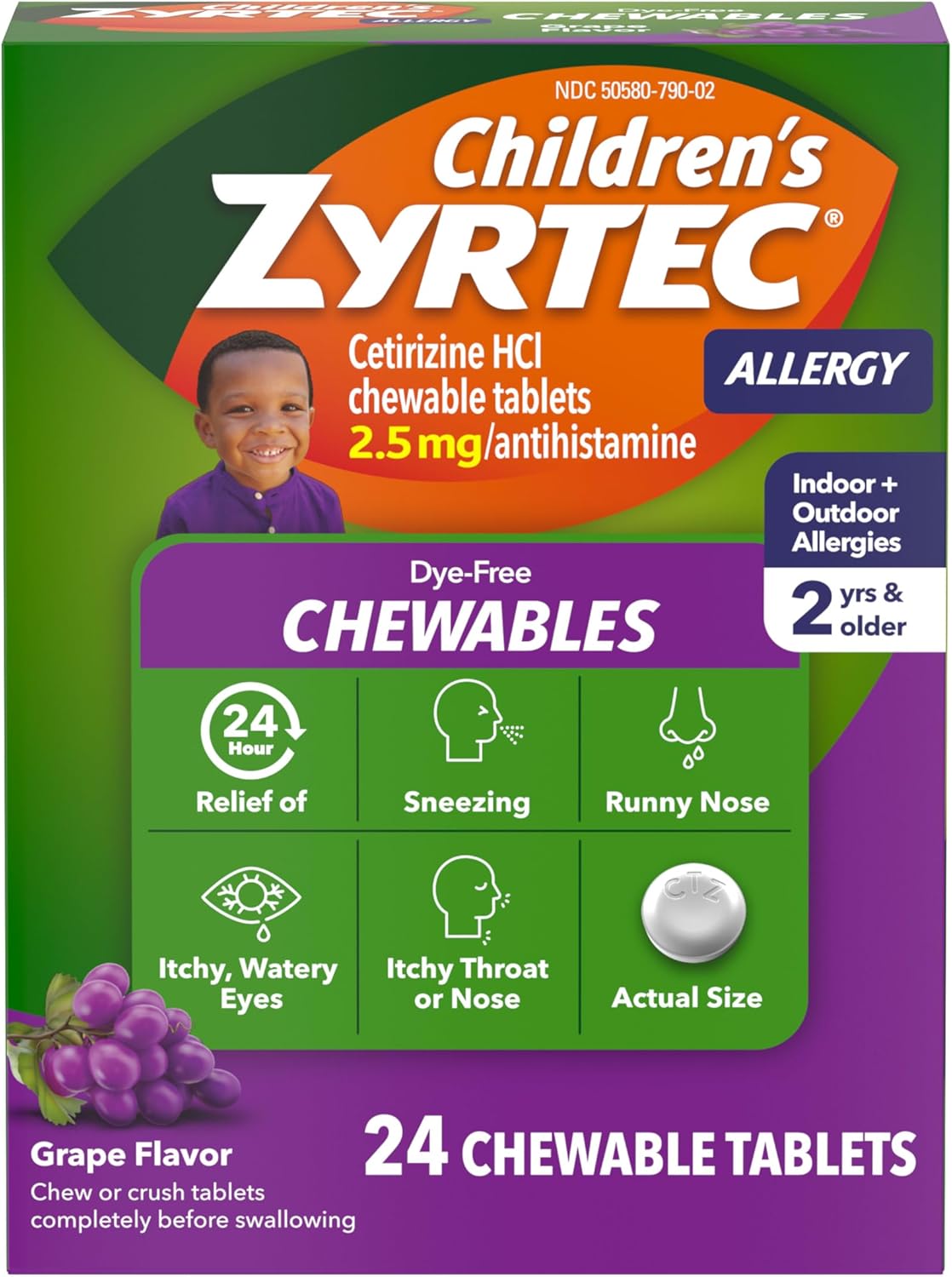 Zyrtec Children's Dye-Free Chewables for 24 Hour Allergy Relief, 24 ct