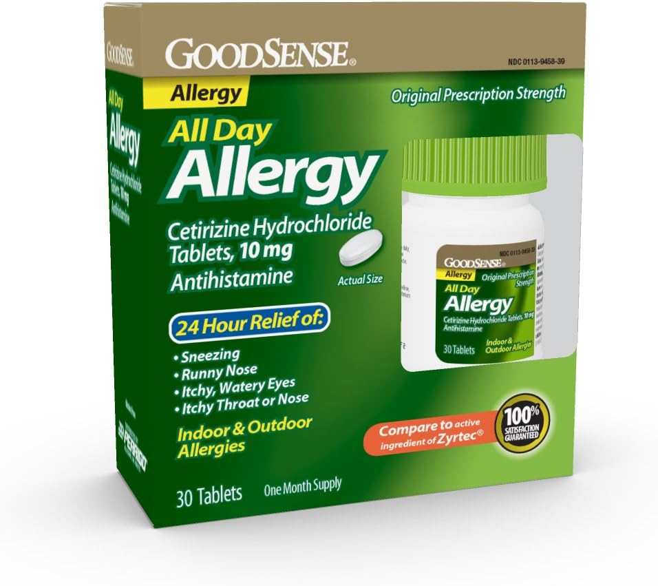 GoodSense Allergy Relief - Cetirizine Hydrochloride 10 mg Tablets - 24-Hour Antihistamine for Indoor & Outdoor Allergies, 30 Count