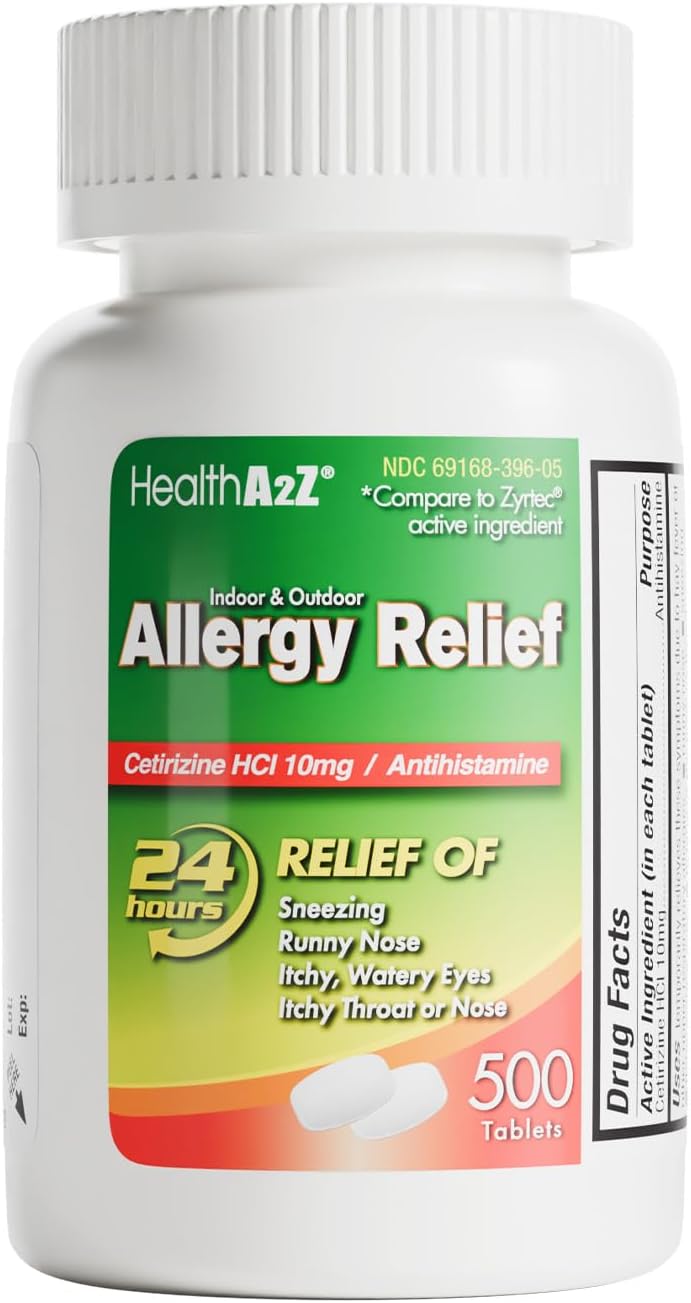 HealthA2Z® Allergy Relief | Cetirizine 10mg | Dye Free | All Day Allergy Relief (500 Count (Pack of 1))