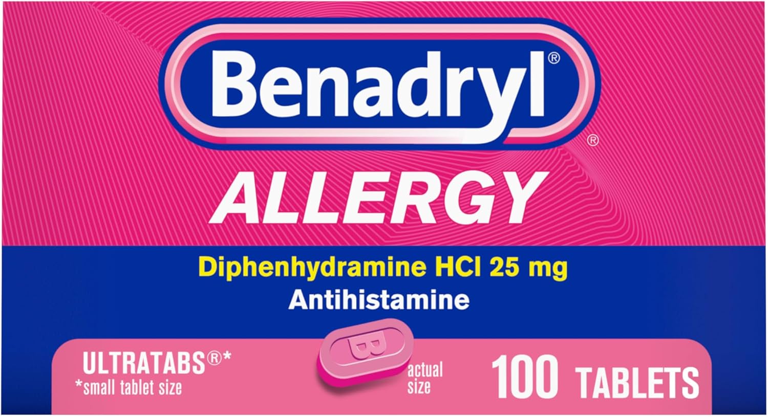 Benadryl Ultratabs Allergy Medicine, 25 mg Diphenhydramine HCl Antihistamine Tablets, 100 Count Tablets