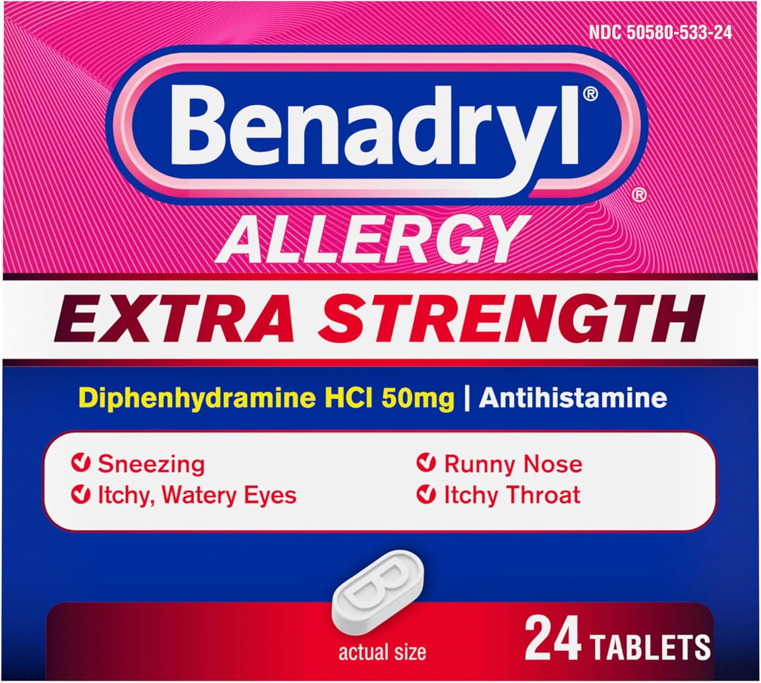 Benadryl Extra Strength Allergy Relief Medicine, 50 mg, 24 ct