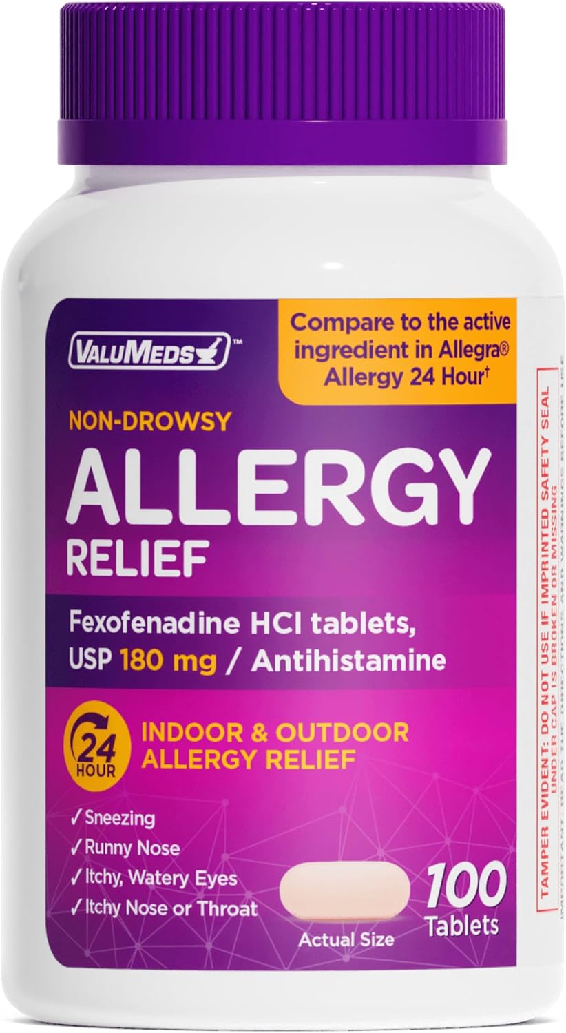 ValuMeds | Compare to Allegra | Fexofenadine HCl 180mg | 24-Hour Allergy Relief (100 Count)