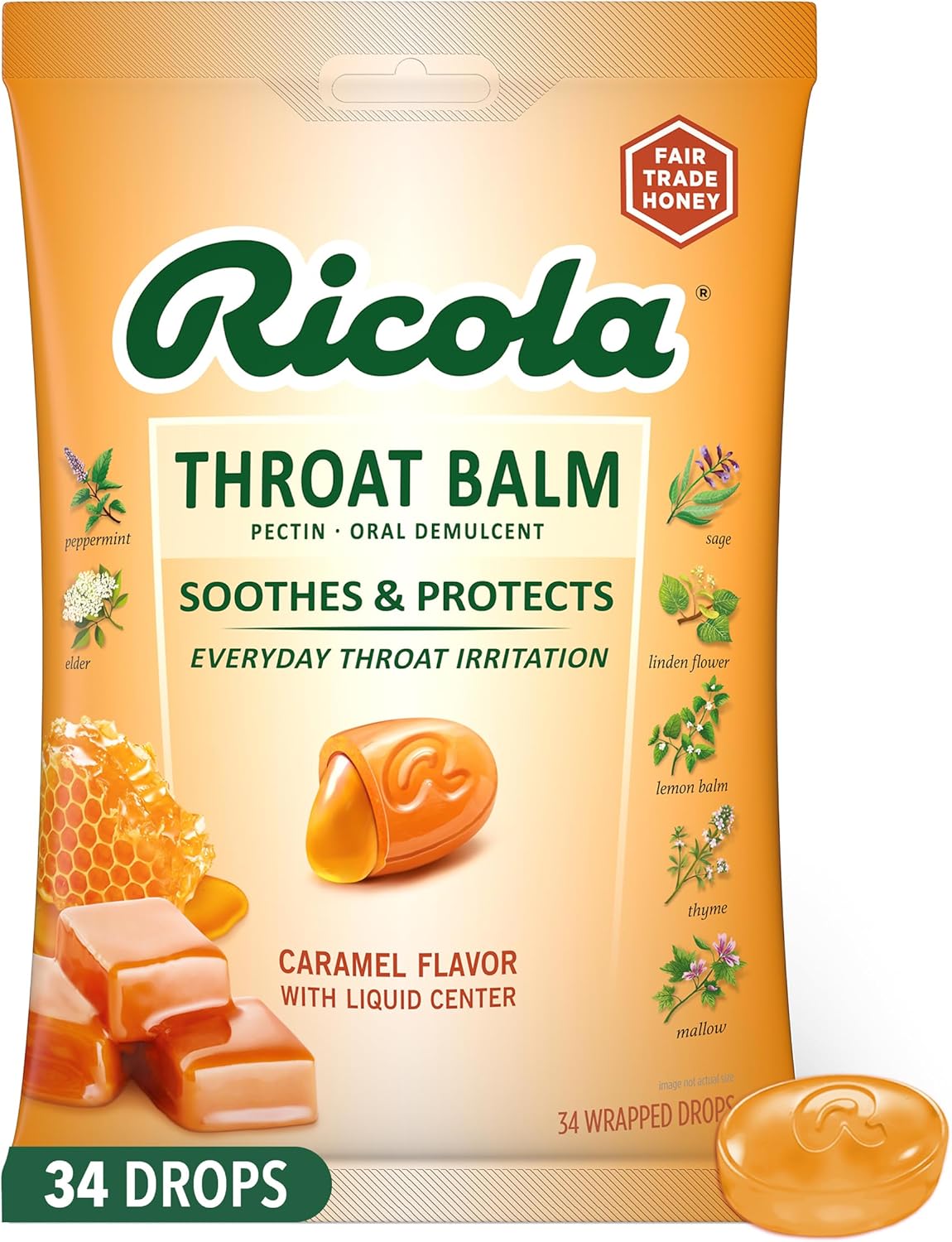 Ricola Throat Balm Caramel Throat Drops with Liquid Center, 34 Count
