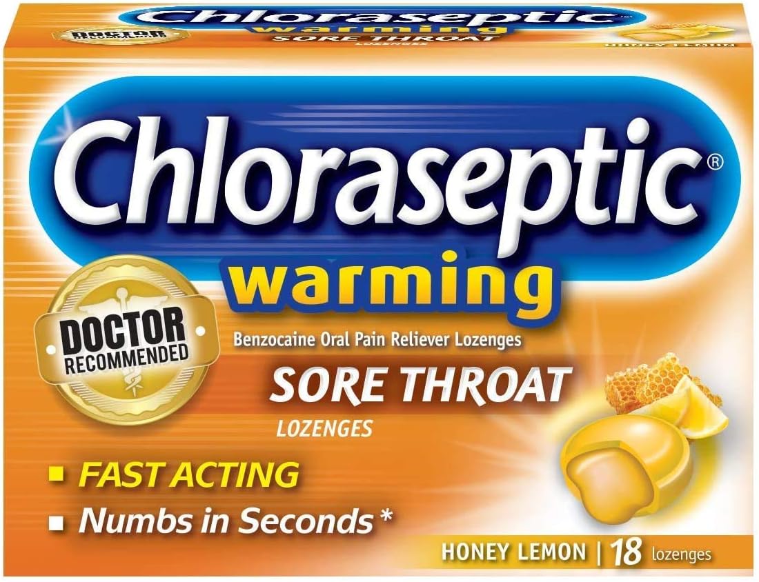 Chloraseptic Sore Throat Lozenges, Warming with Real Honey Honey Lemon, 18 ct (Pack of 1)