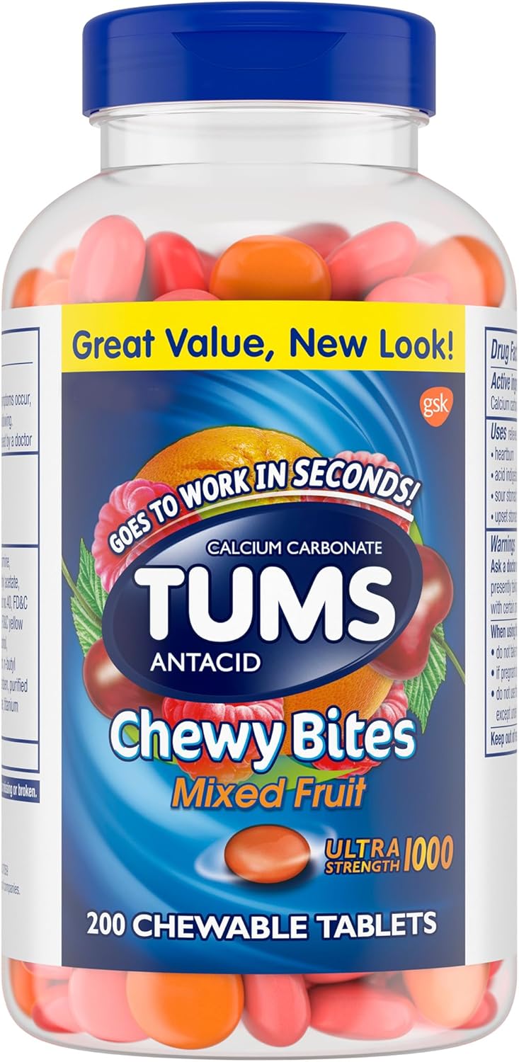 TUMS Chewy Bites Chewable Antacid Tablets for Ultra Strength Heartburn Relief, Great for a Summer BBQ- Mixed Fruit - 200 Count