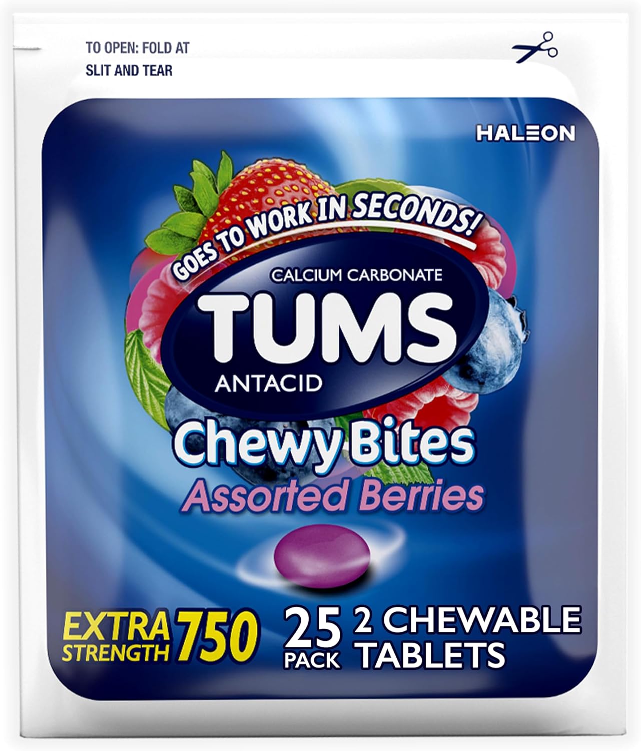 TUMS Chewy Bites Chewable Antacid Tablets for Heartburn Relief, Assorted Berries – 25-2cts