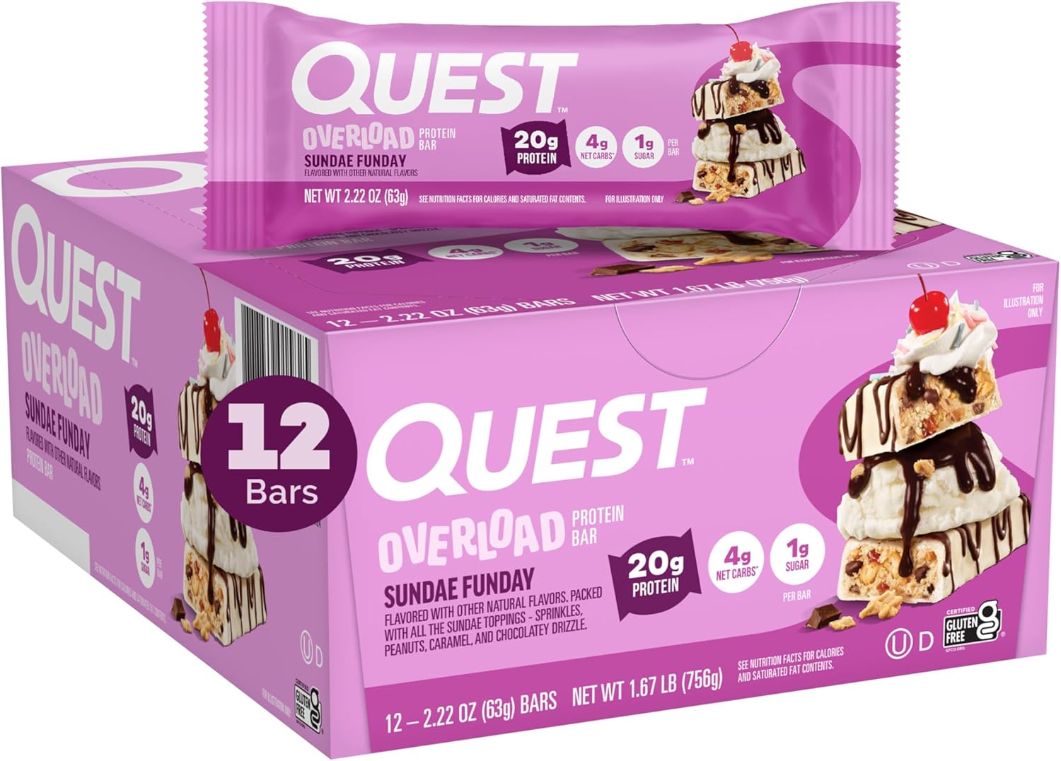 Quest Nutrition Overload Protein Bars, Sundae Funday, 20g Protein, 12 Count