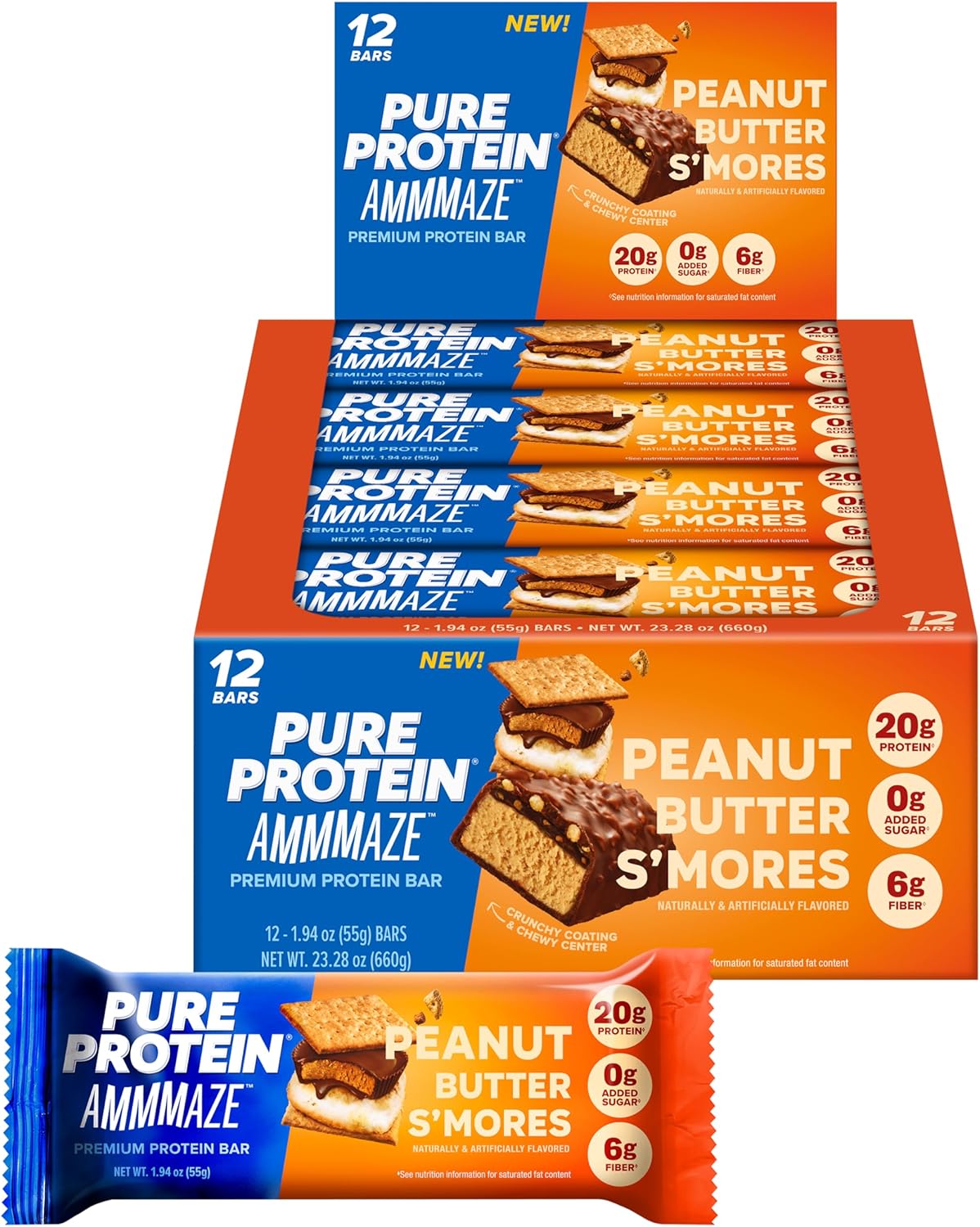 Pure Protein AMMMAZE Peanut Butter S’mores Bars, 20g Protein, 12 Count – Meal Replacement Bar for On-the-Go
