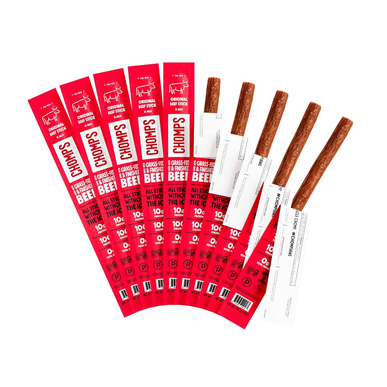Chomps Grass-Fed and Finished Original Beef Jerky Snack Sticks 10-Pack