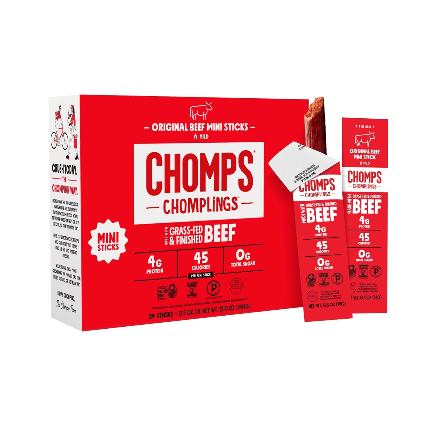 Chomps Snack Size Grass-Fed Original Beef Jerky Snack Sticks 0.5oz 24-Pack