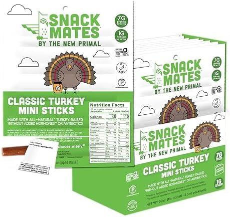 New Primal Snack Mates Turkey Sticks, Gluten Free Healthy Snacks for Kids, Low Sugar High Protein, 40 Pack