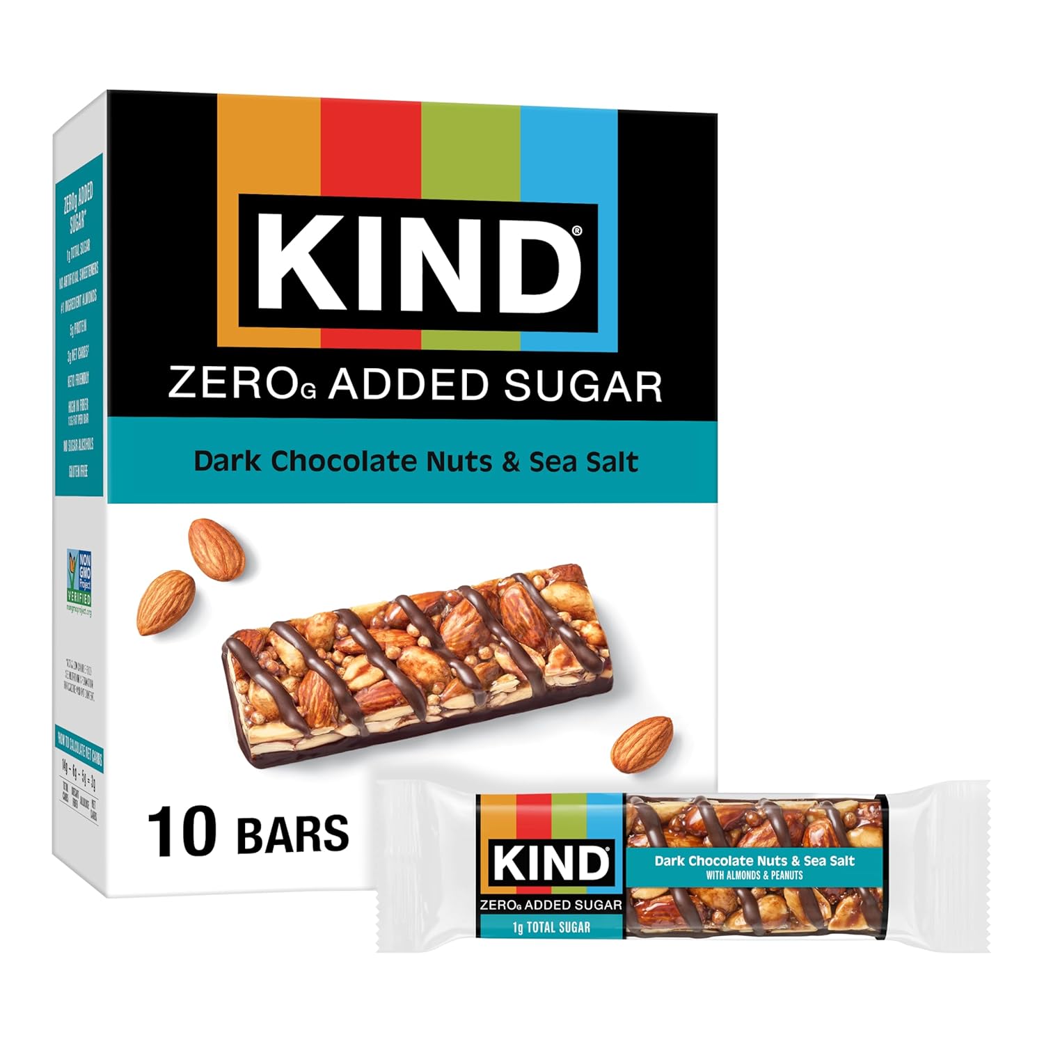 KIND ZERO Added Sugar Bars, Keto Snack, Dark Chocolate Nuts and Sea Salt, 6g Protein, 10 Count