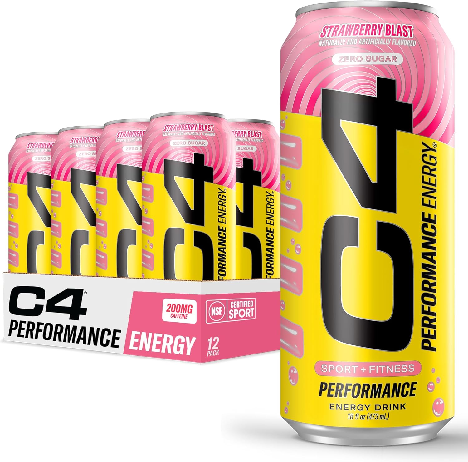 Cellucor C4 Performance Energy Drink | Strawberry Blast | Zero Sugar, 16 Fl Oz (12 Pack)
