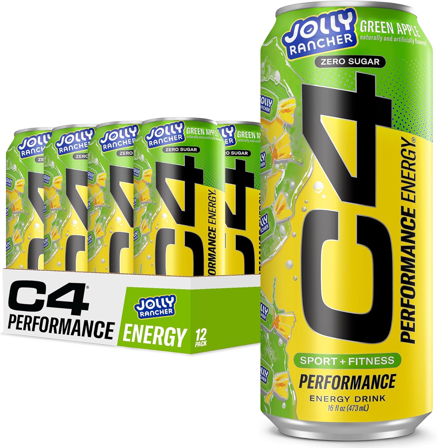 Cellucor C4 Performance Energy Drink | JOLLY RANCHER Green Apple | Zero Sugar | 16 Fl Oz (12 Pack)